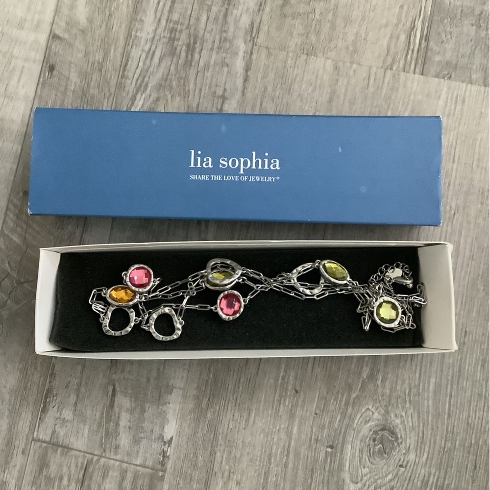 Vintage Signed Lia Sophia Paper Clip Chain Abstract Pastel Glass Stone Necklace